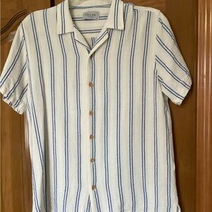 Linen-Blend White Shirt with Blue Stripes - Short Sleeve Button Down
